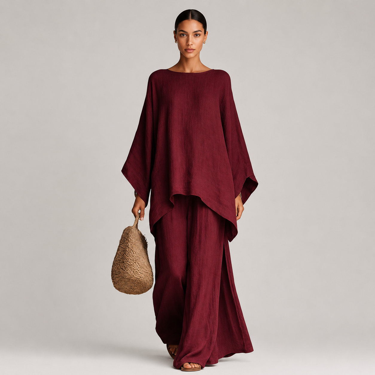 Women's Batwing Sleeve Linen-Look Wide-Leg Co-Ord Set