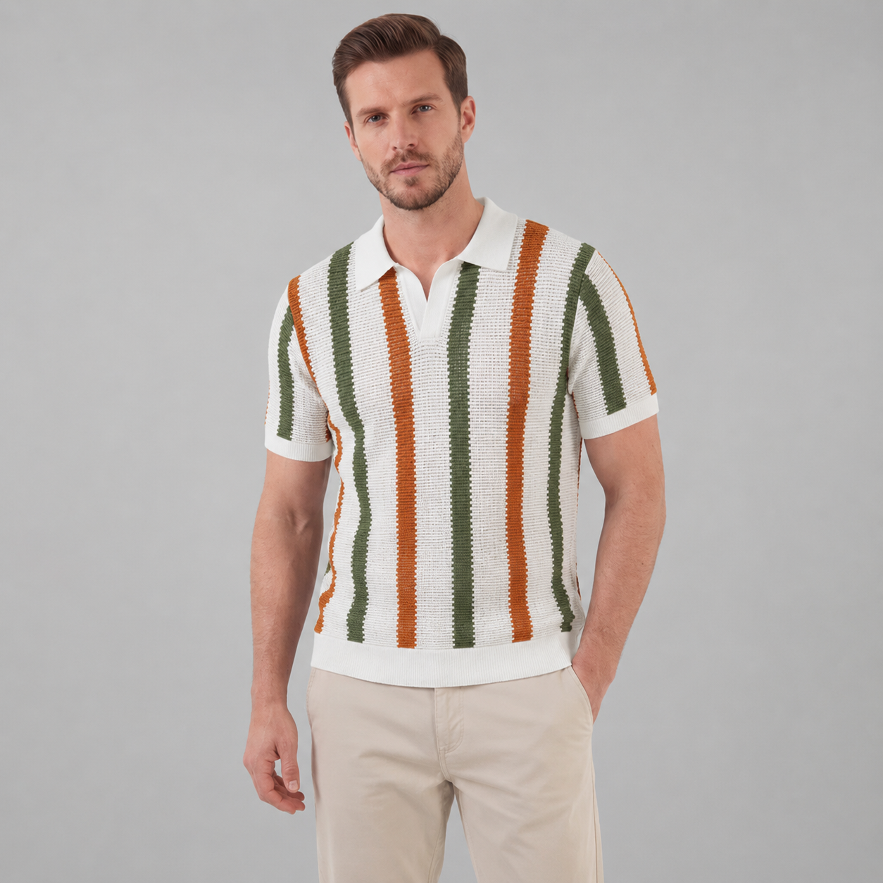 AIOPESON Men's Striped Knit Polo Shirt