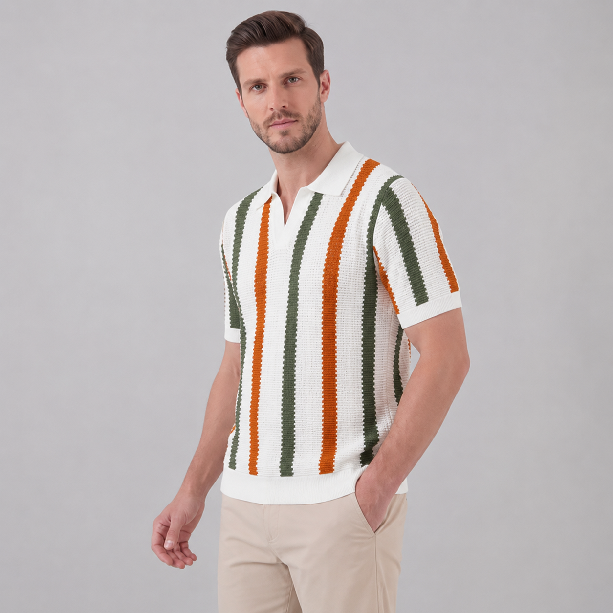 AIOPESON Men's Striped Knit Polo Shirt