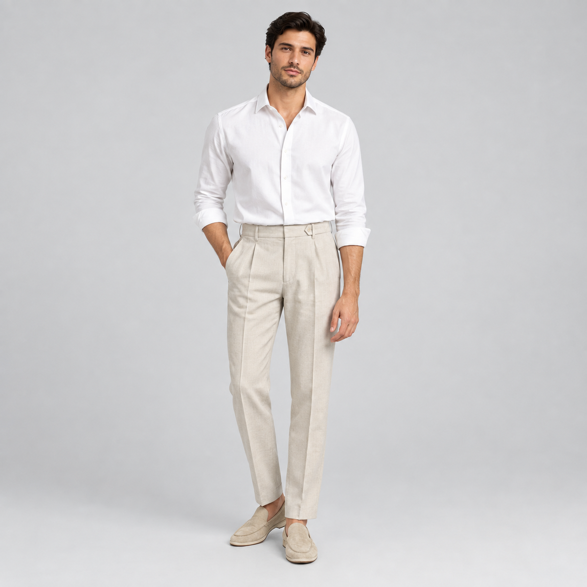 Men's Linen Tailored Flat Front Trousers Summer