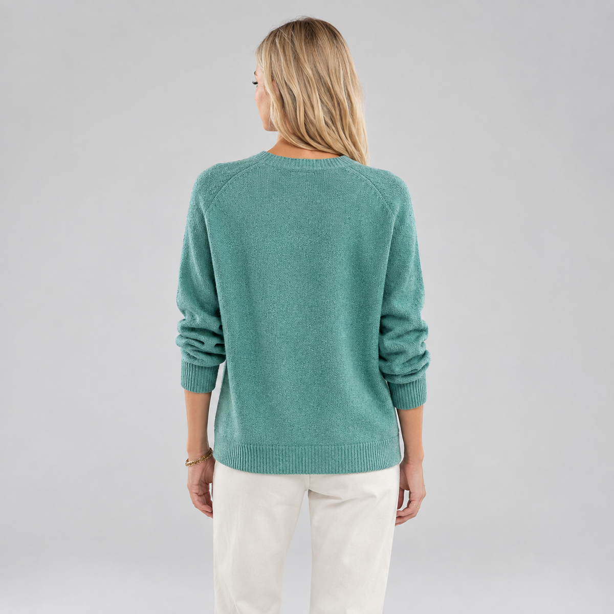 Women's Half-Button V-Neck Knit Sweater on a model, back view