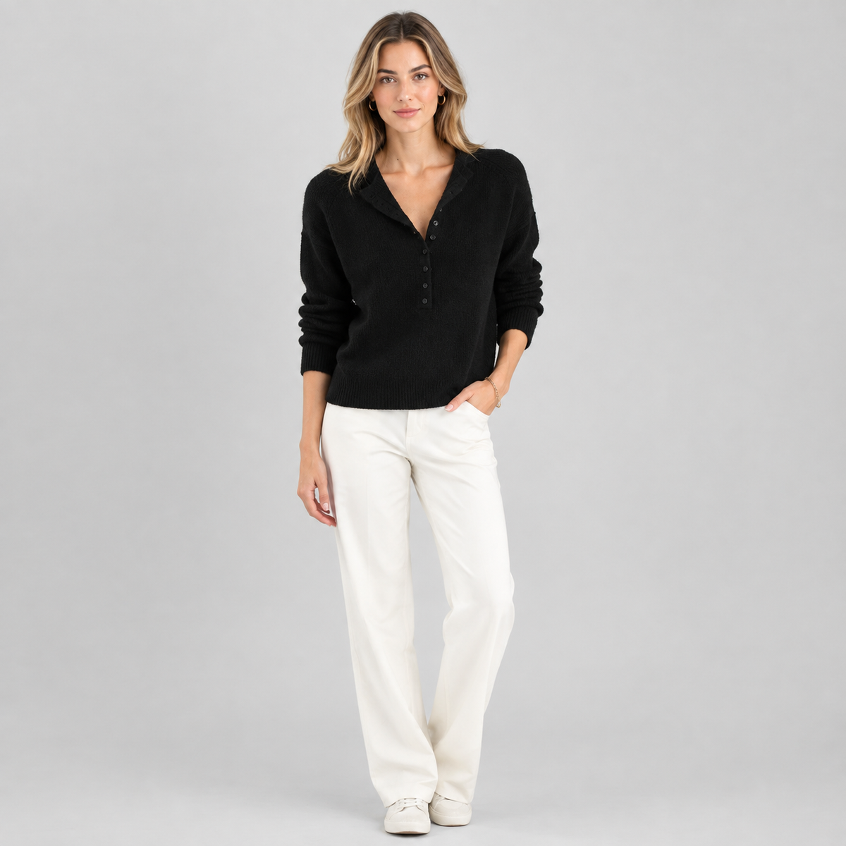 Women's Half-Button V-Neck Knit Sweater on a model, colour option