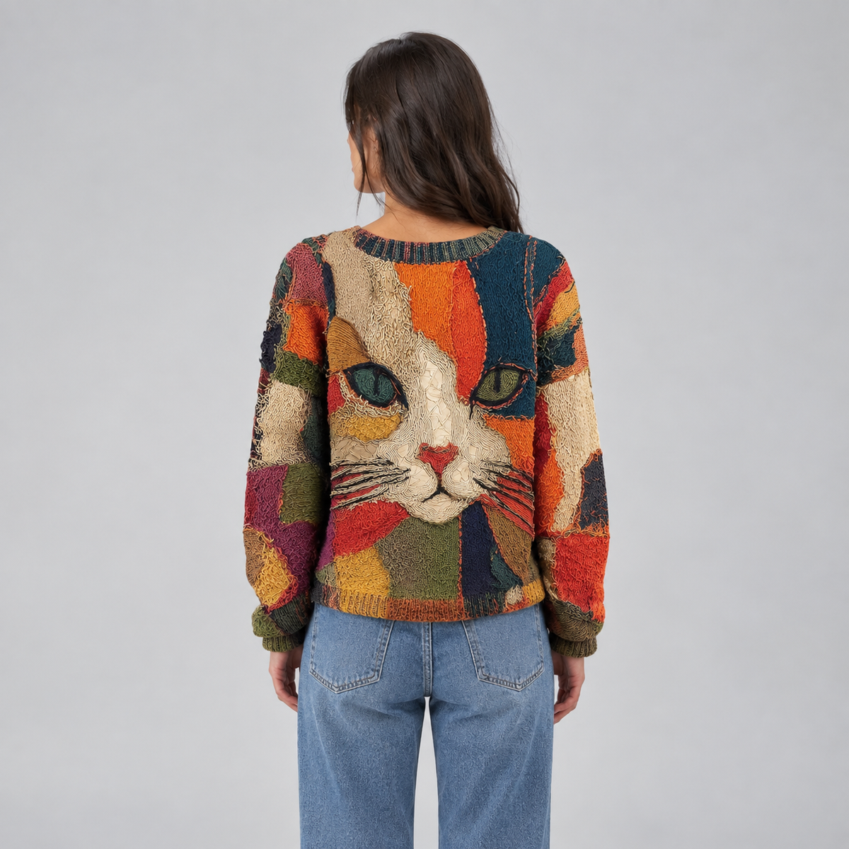 Grace Women's Artistic Cat Print Relaxed-Fit Knit Sweater on a model, back view