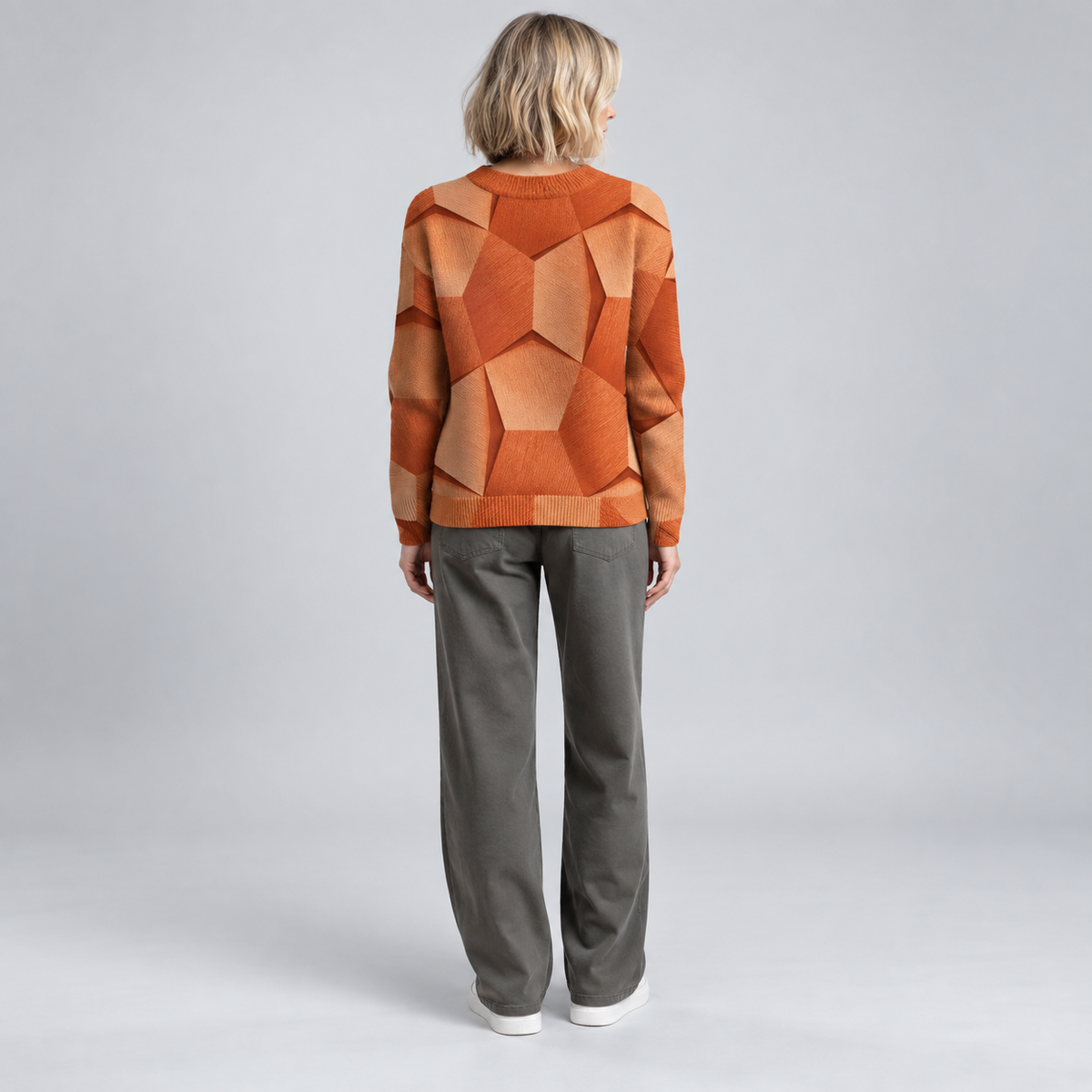 Women's Long Sleeve Geometric Print Knit Sweater on a model, back view