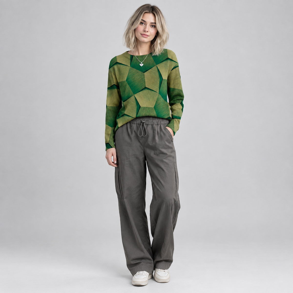 Women's Long Sleeve Geometric Print Knit Sweater on a model, colour option
