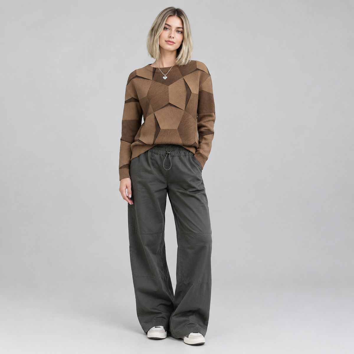 Women's Long Sleeve Geometric Print Knit Sweater on a model, colour option