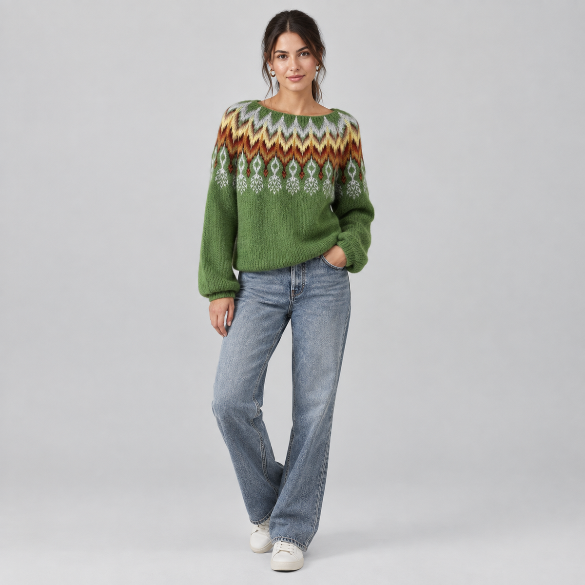 Women's Fair Isle Patterned Knit Sweater on a model, front view