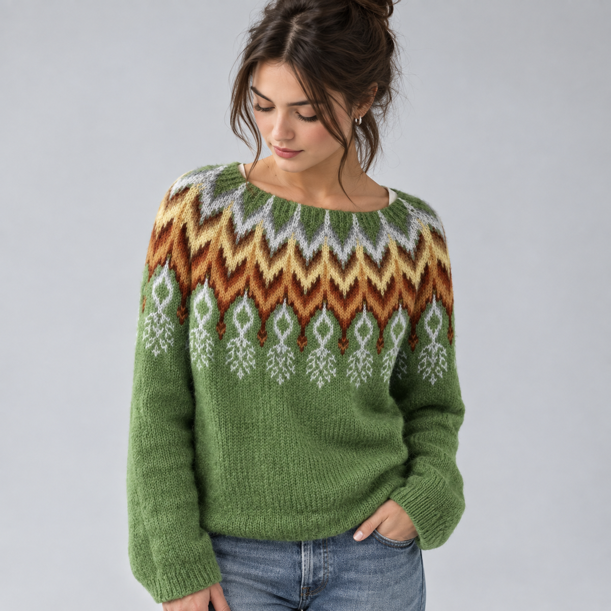 Women's Fair Isle Patterned Knit Sweater on a model, front detail