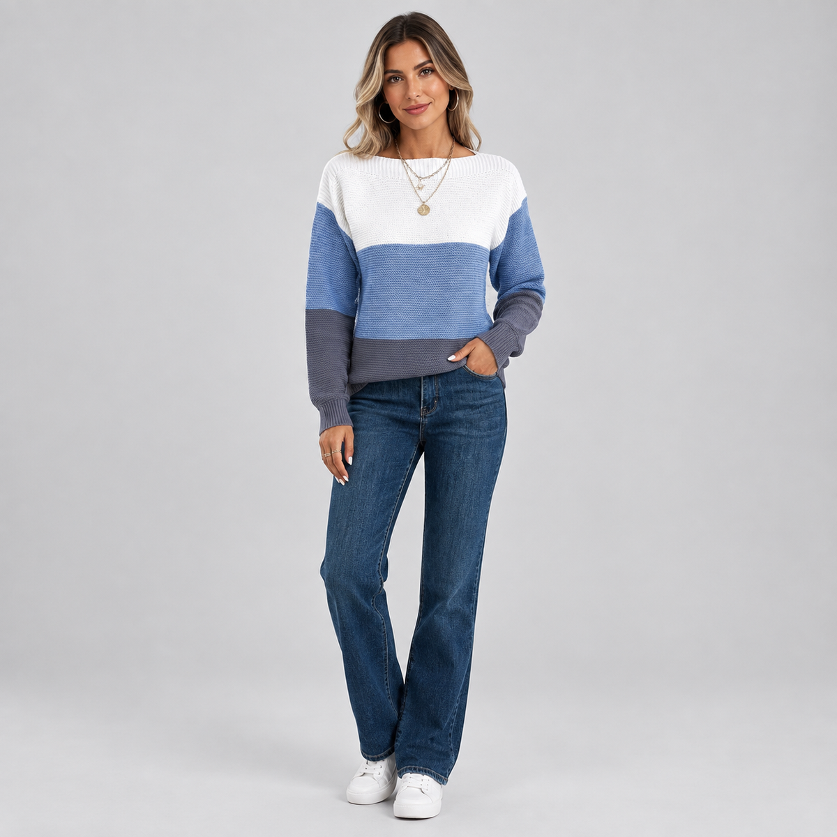 Women's Colour Block Relaxed Fit Knit Sweater on a model, colour option