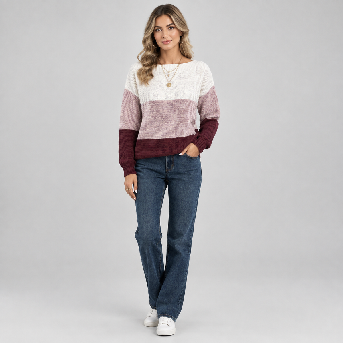 Women's Colour Block Relaxed Fit Knit Sweater on a model, colour option