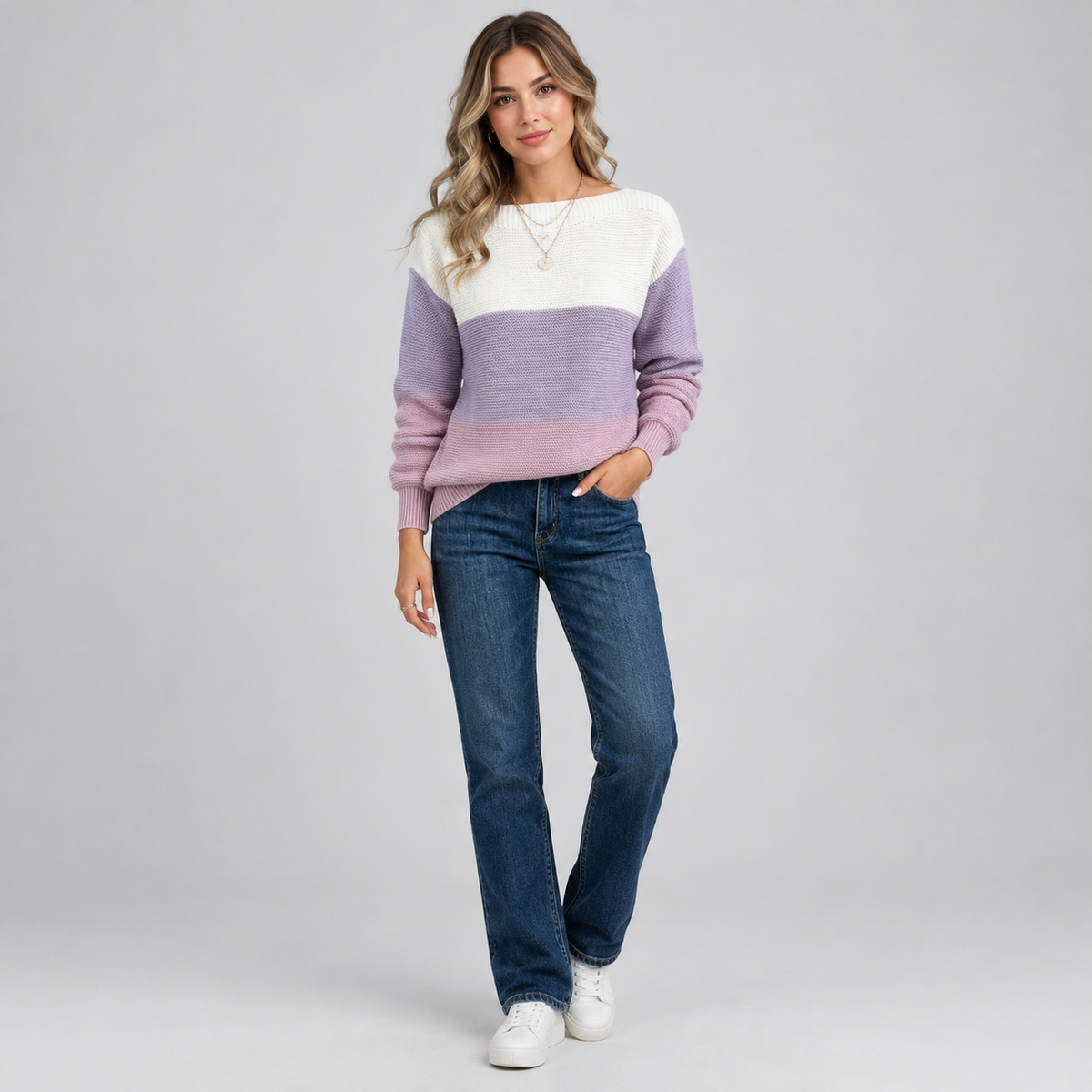 Women's Colour Block Relaxed Fit Knit Sweater on a model, colour option