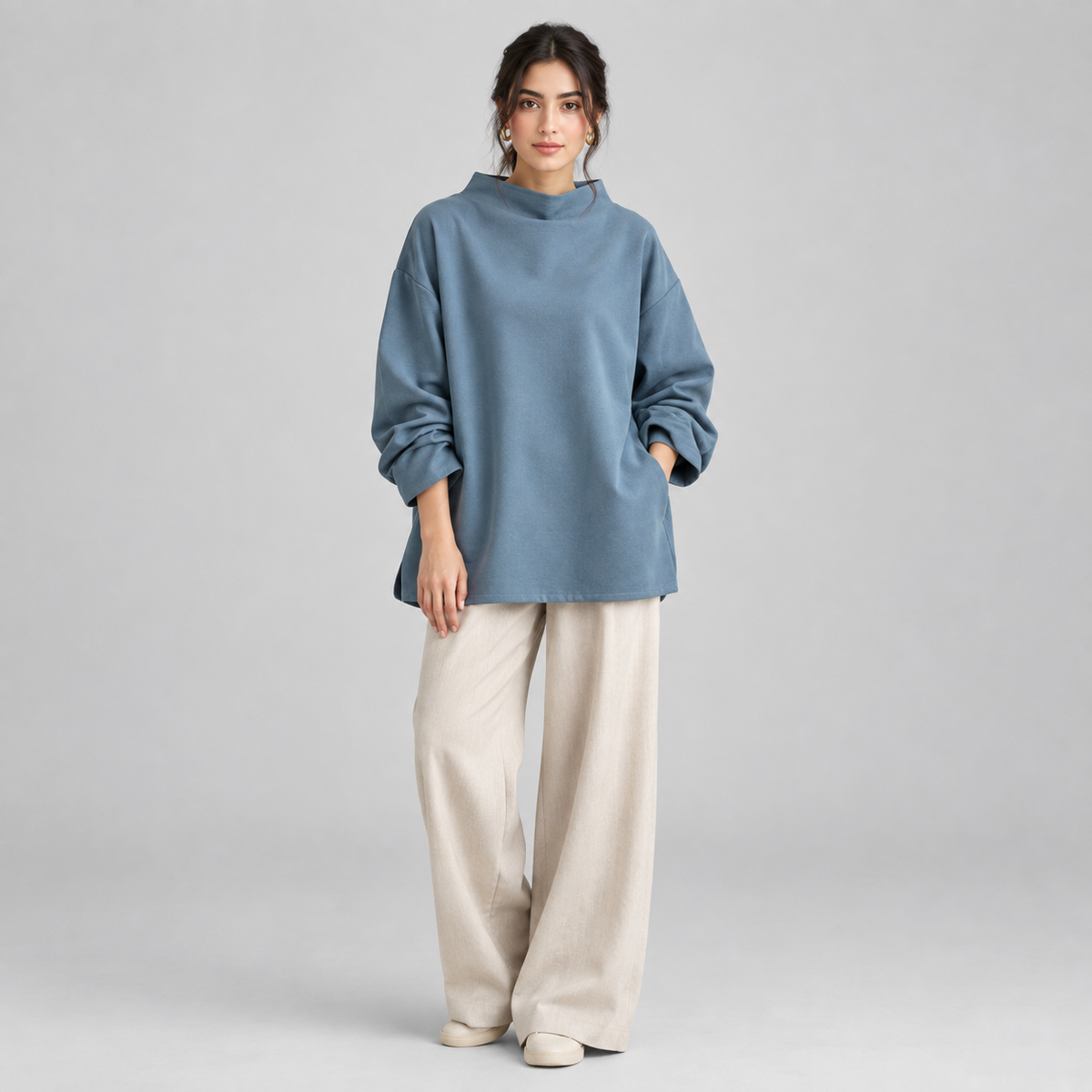 Women's Oversized Mock-Neck Knit Sweater Top on a model, colour option