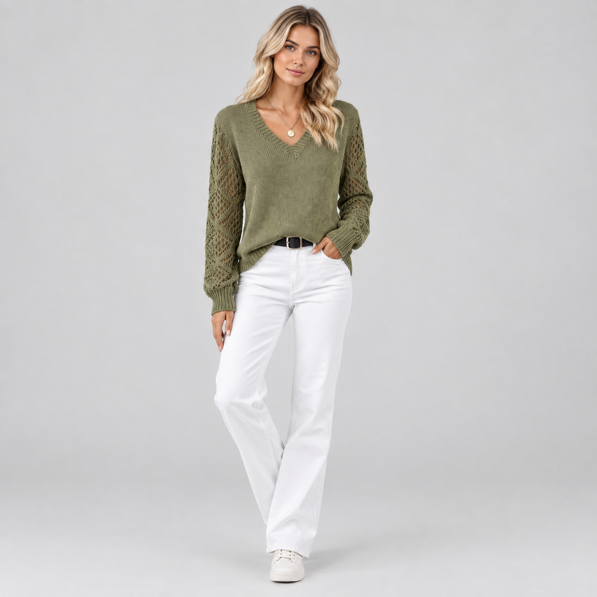 Women's V-Neck Hollow Sleeve Knit Sweater Jumper on a model, front view