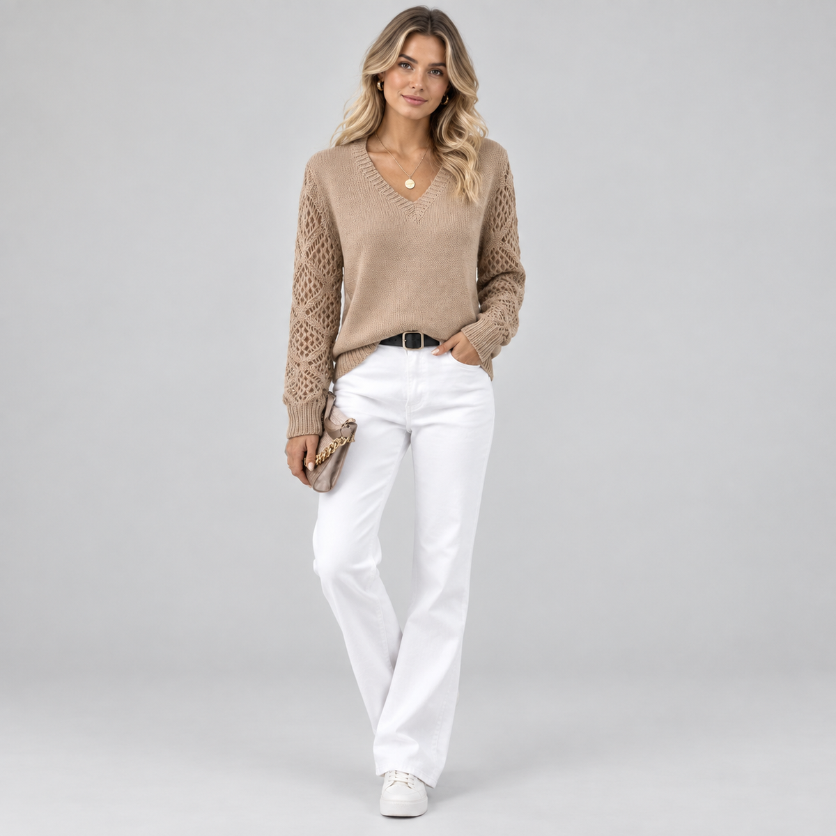 Women's V-Neck Hollow Sleeve Knit Sweater Jumper on a model, colour option