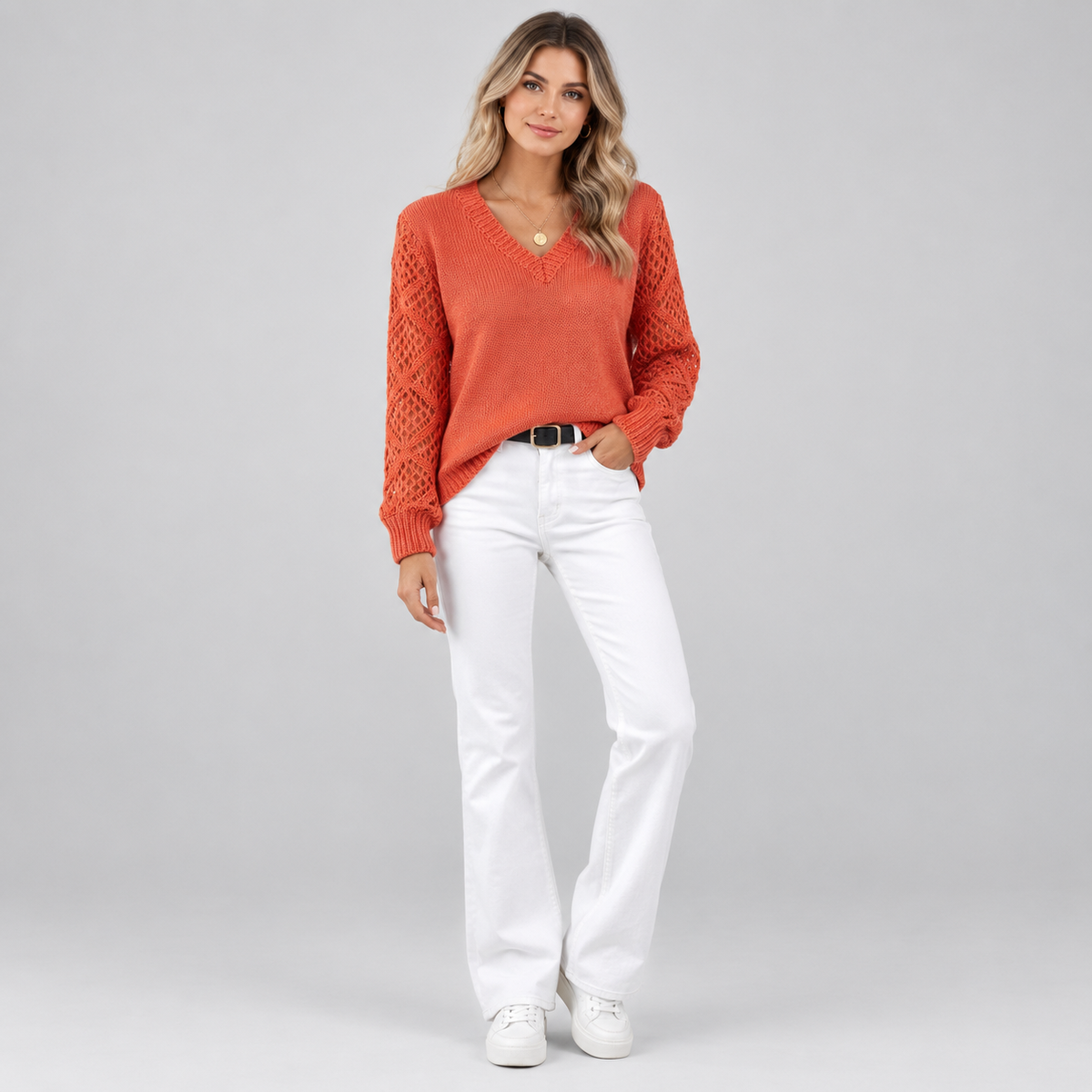 Women's V-Neck Hollow Sleeve Knit Sweater Jumper on a model, colour option