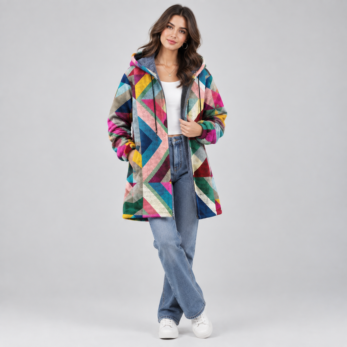 Women's Geometric Print Fleece-Lined Hooded Sweater Cardigan on a model, front view