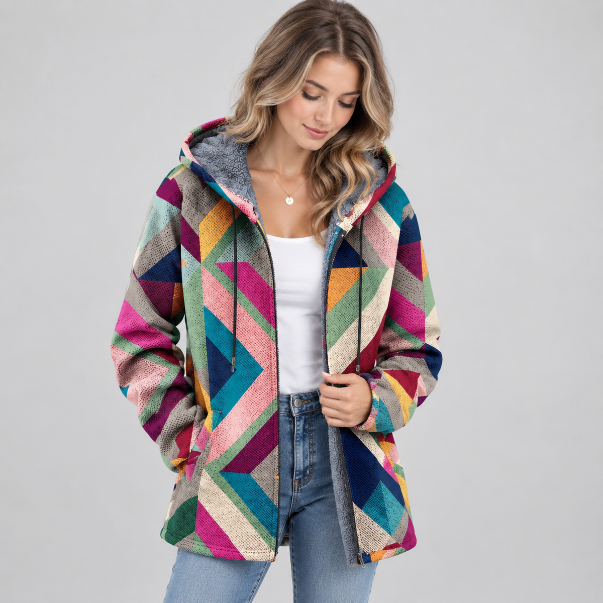 Women's Geometric Print Fleece-Lined Hooded Sweater Cardigan on a model, front detail