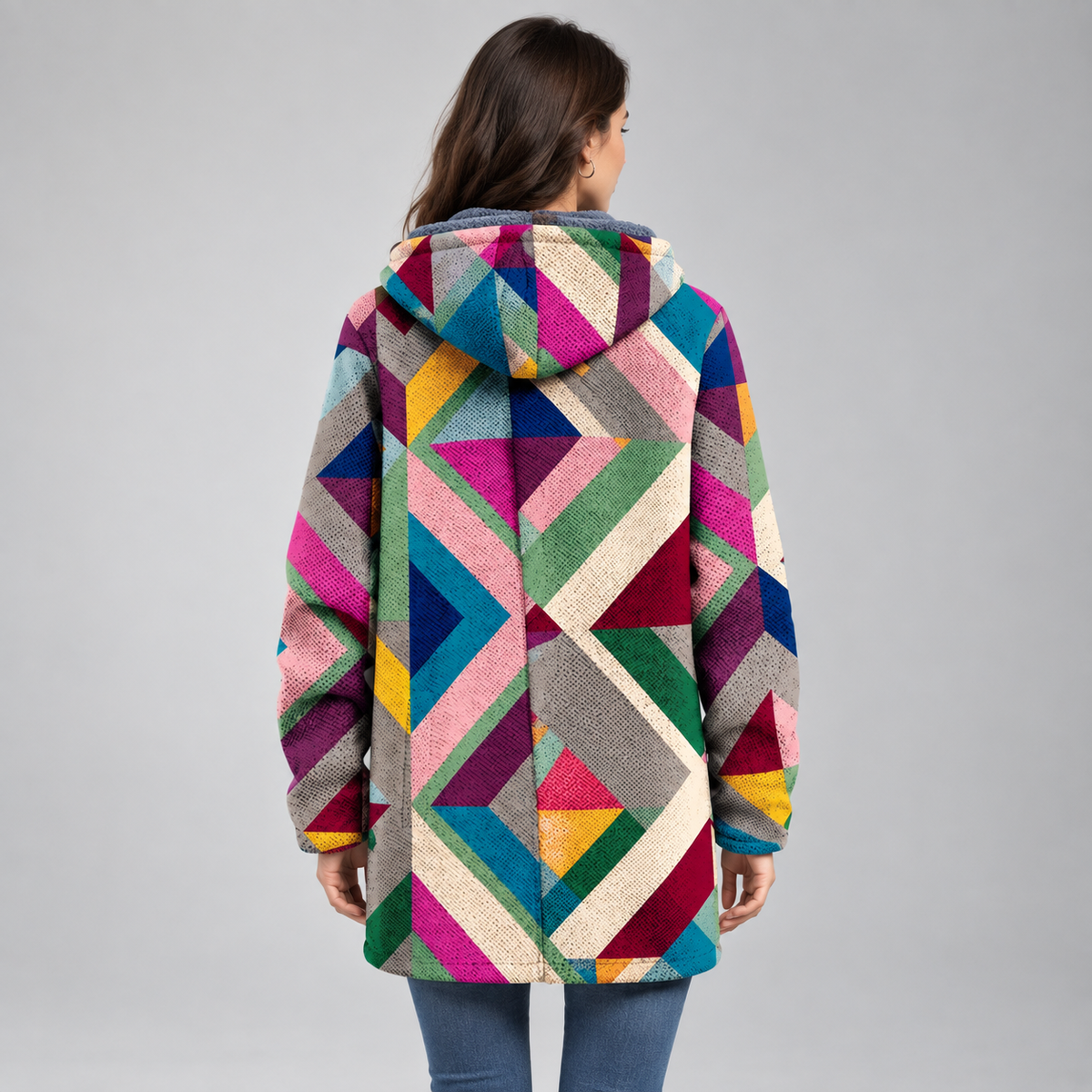 Women's Geometric Print Fleece-Lined Hooded Sweater Cardigan on a model, back view