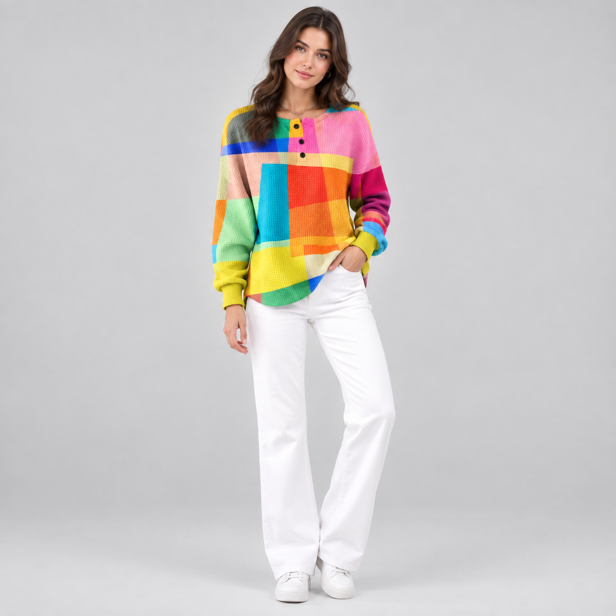 Women's Colourblock Waffle-Knit Button-Neck Pullover Sweater on a model, front view