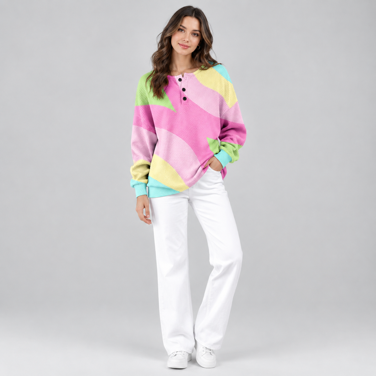 Women's Pastel Colour Block Knit Sweater on a model, front view