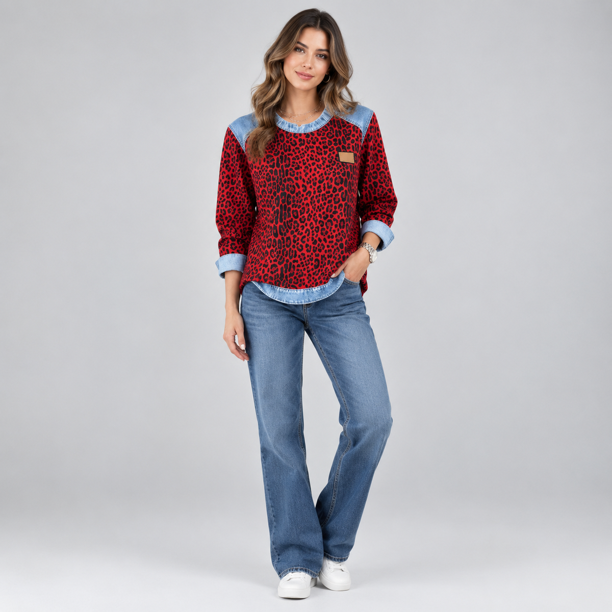 Women's Leopard Print Denim Patchwork Sweater on a model, colour option