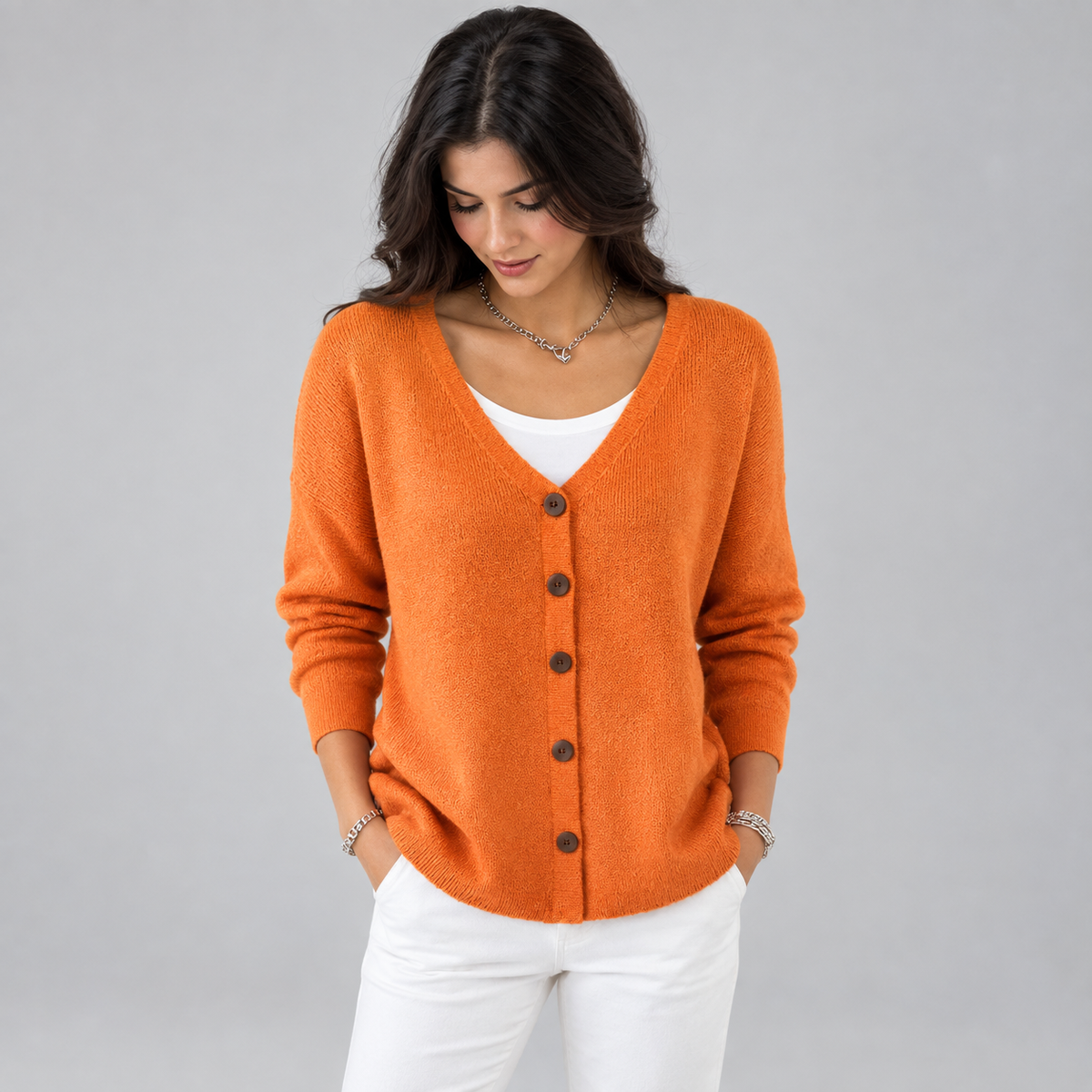 Women's V-Neck Button-Front Knit Cardigan on a model, front detail