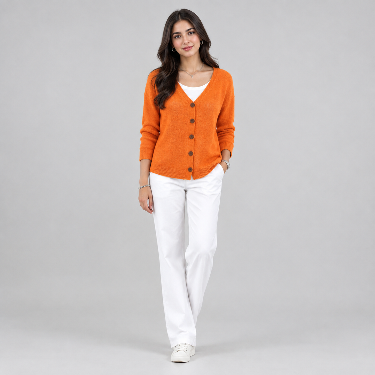 Women's V-Neck Button-Front Knit Cardigan on a model, front view