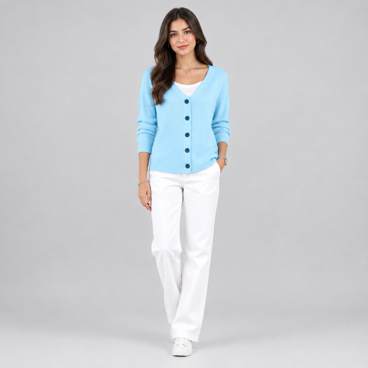 Women's V-Neck Button-Front Knit Cardigan on a model, colour option