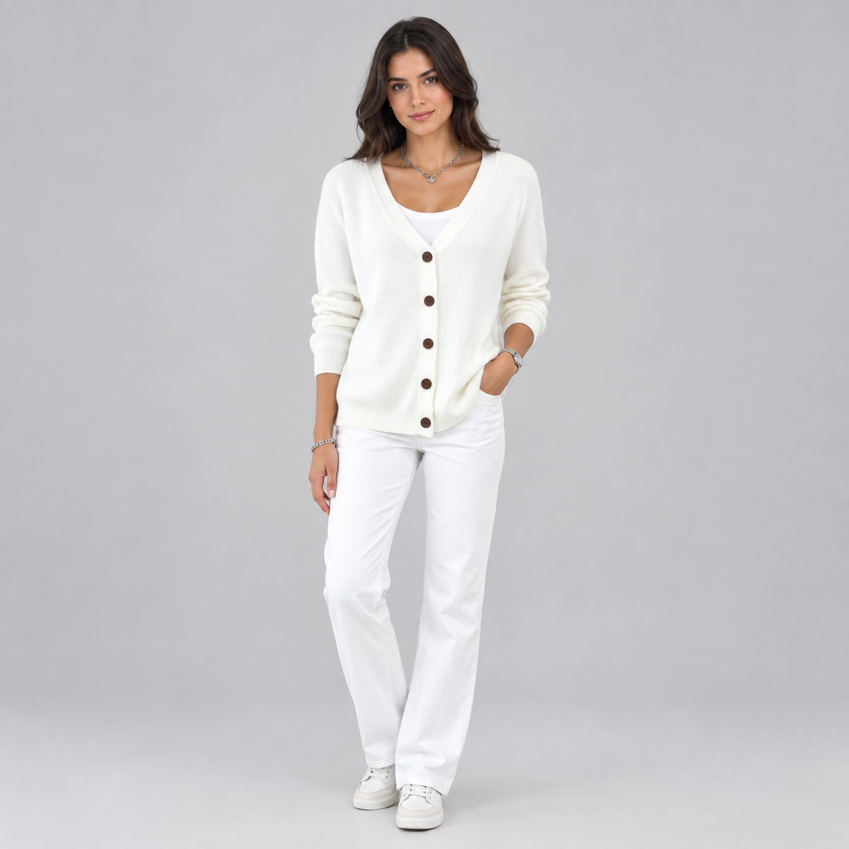 Women's V-Neck Button-Front Knit Cardigan on a model, colour option
