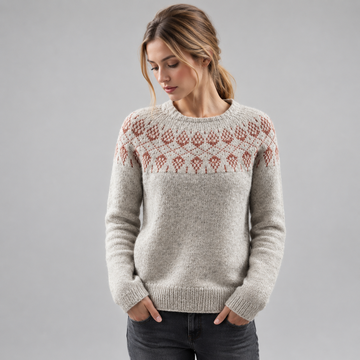 Women's Fair Isle Relaxed-Fit Icelandic Knit Sweater on a model, front detail