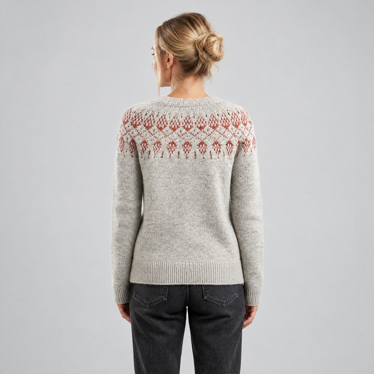 Women's Fair Isle Relaxed-Fit Icelandic Knit Sweater on a model, back view