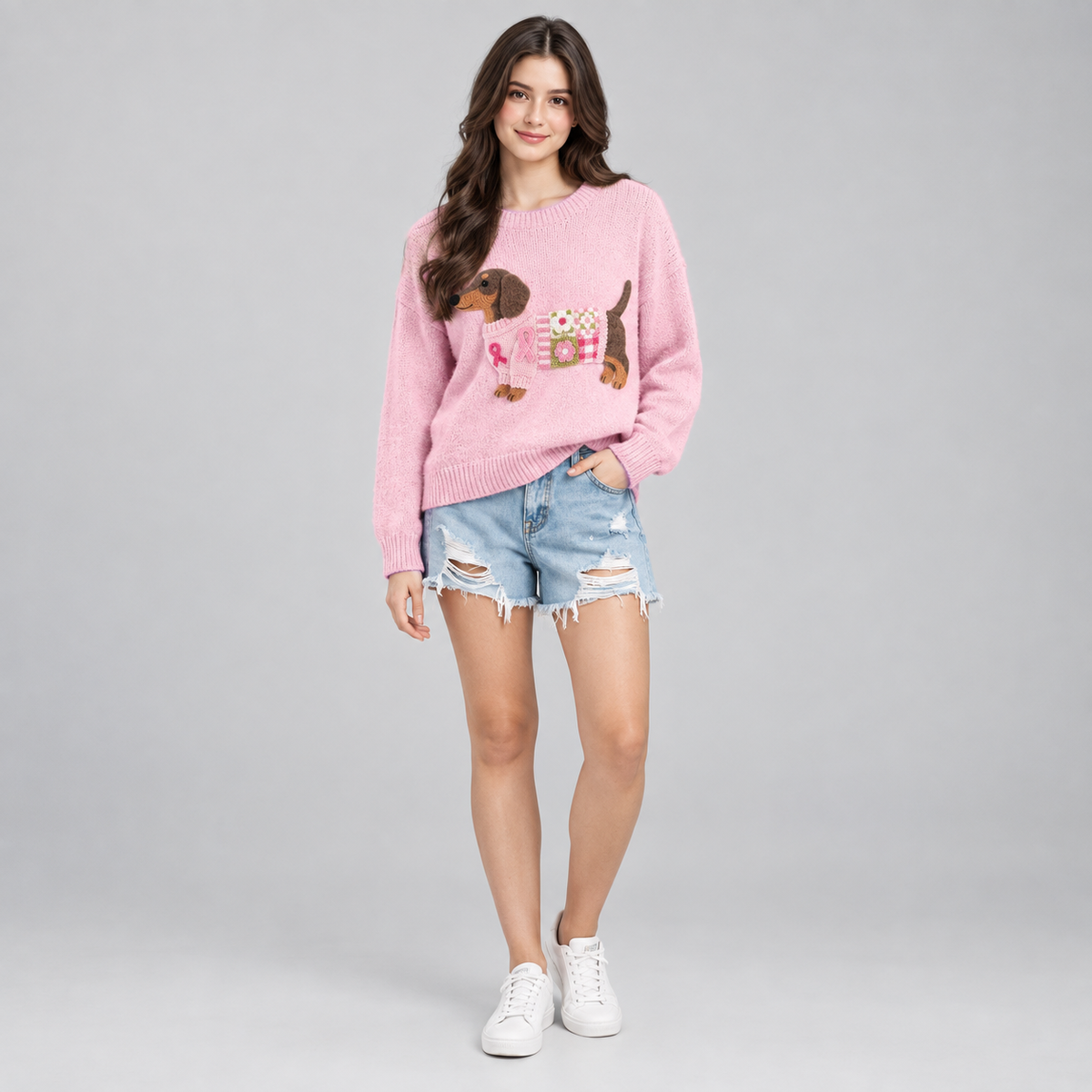 Women's Dachshund Patchwork Floral Crew Neck Knit Sweater on a model, front view