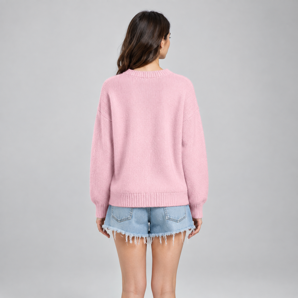 Women's Dachshund Patchwork Floral Crew Neck Knit Sweater on a model, back view