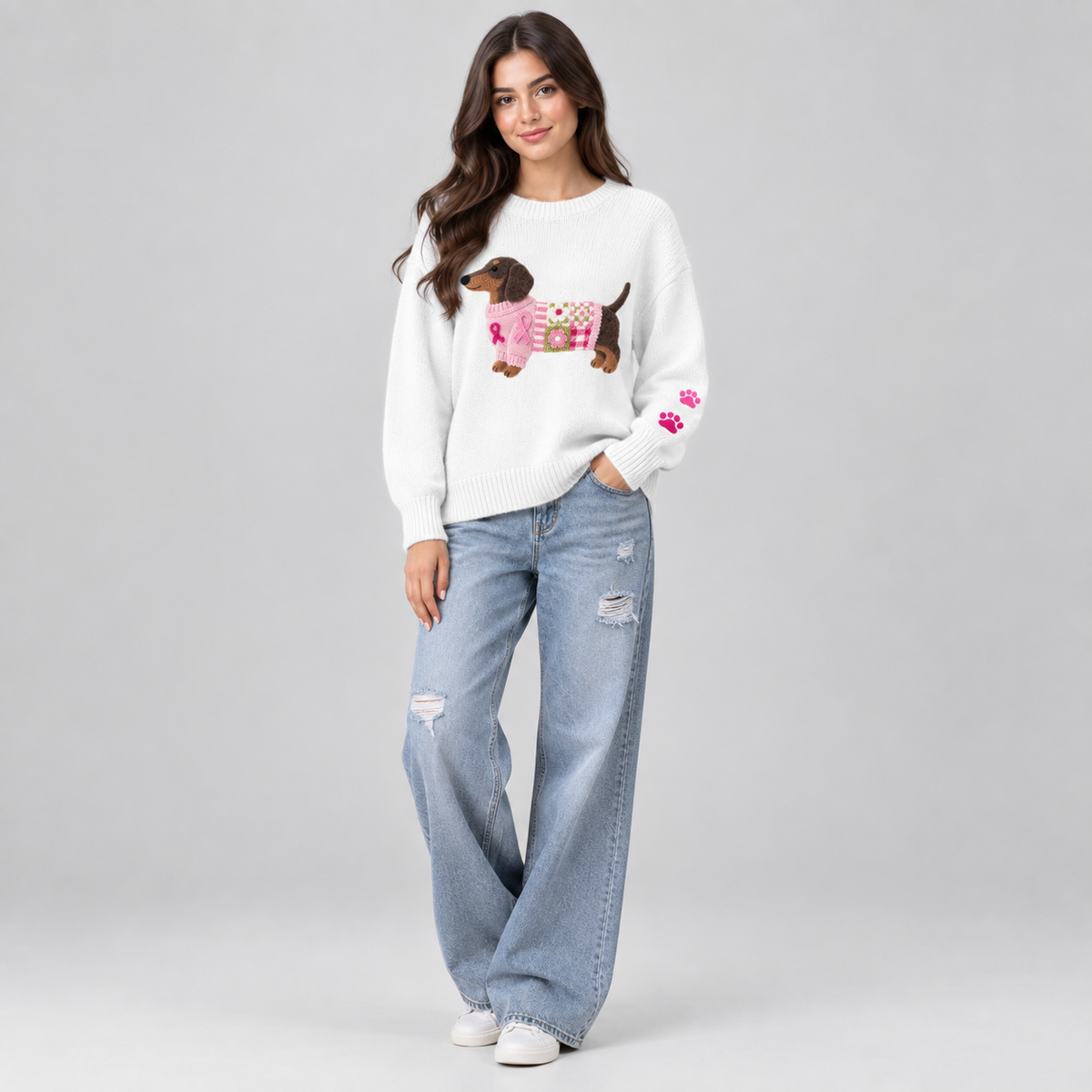 Women's Dachshund Patchwork Floral Crew Neck Knit Sweater on a model, colour option
