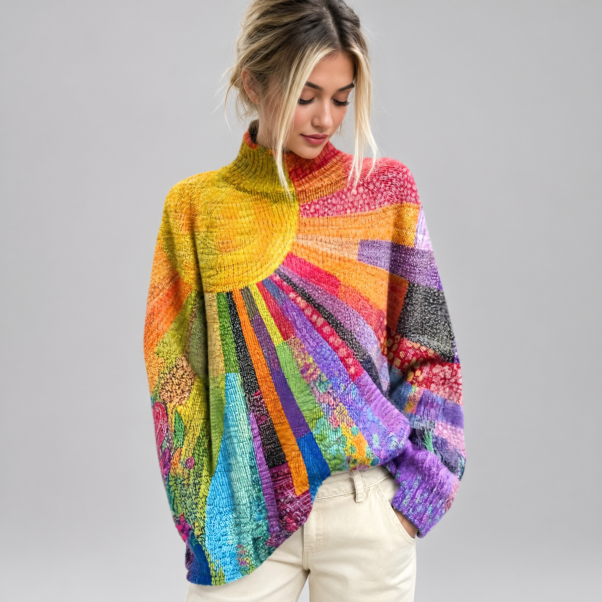Women's Multicolour Rainbow Turtleneck Sweater on a model, front detail