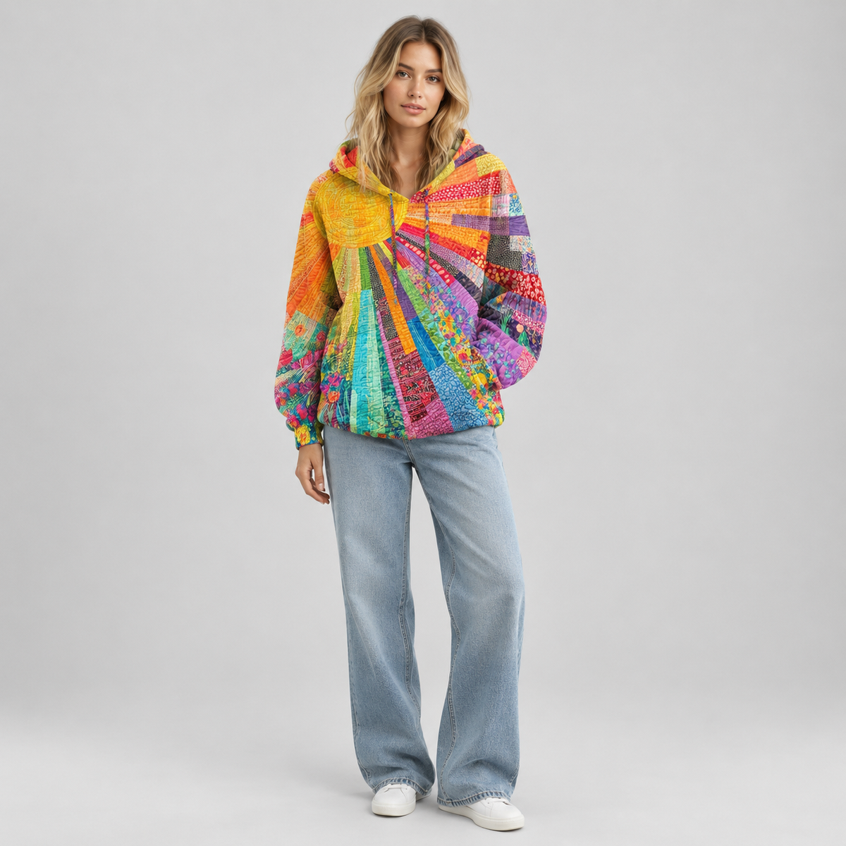 Women's Bohemian Sunburst Print Hoodie on a model, front view