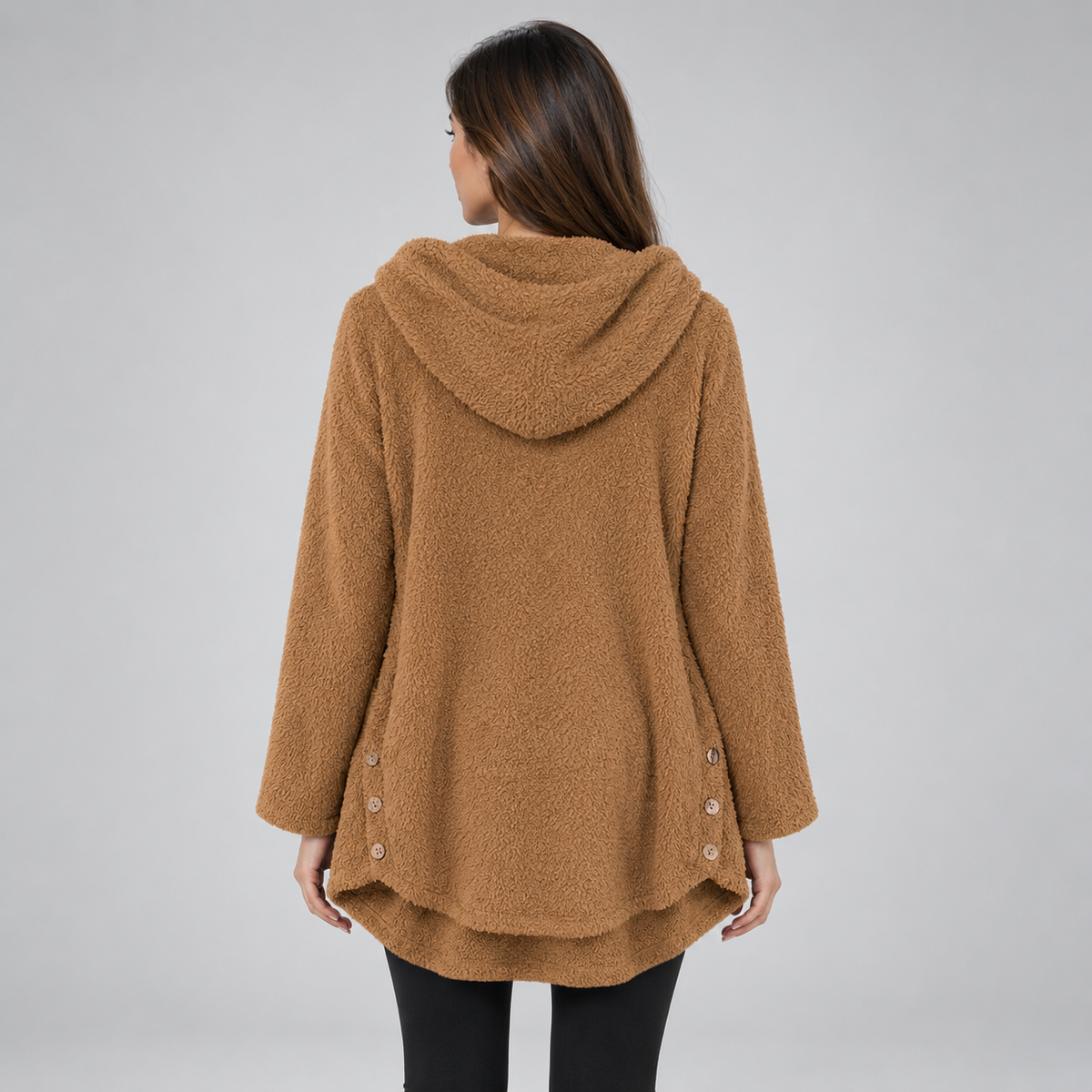Women's hooded fleece pullover on a model, back view