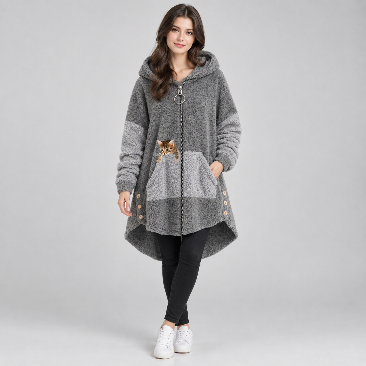 Women's zip-up hooded fleece with cat-pocket detail on a model, colour option