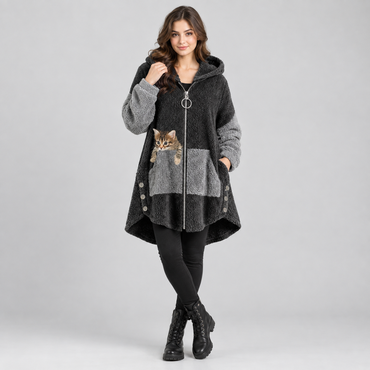 Women's zip-up hooded fleece with cat-pocket detail on a model, colour option
