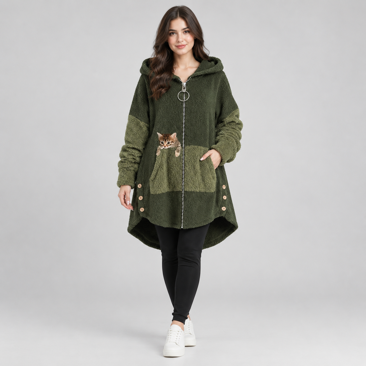 Women's zip-up hooded fleece with cat-pocket detail on a model, colour option