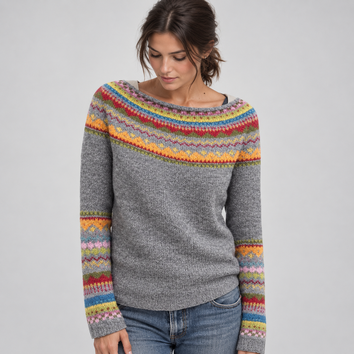 Women's Retro Stripe Knit Pullover on a model, front detail