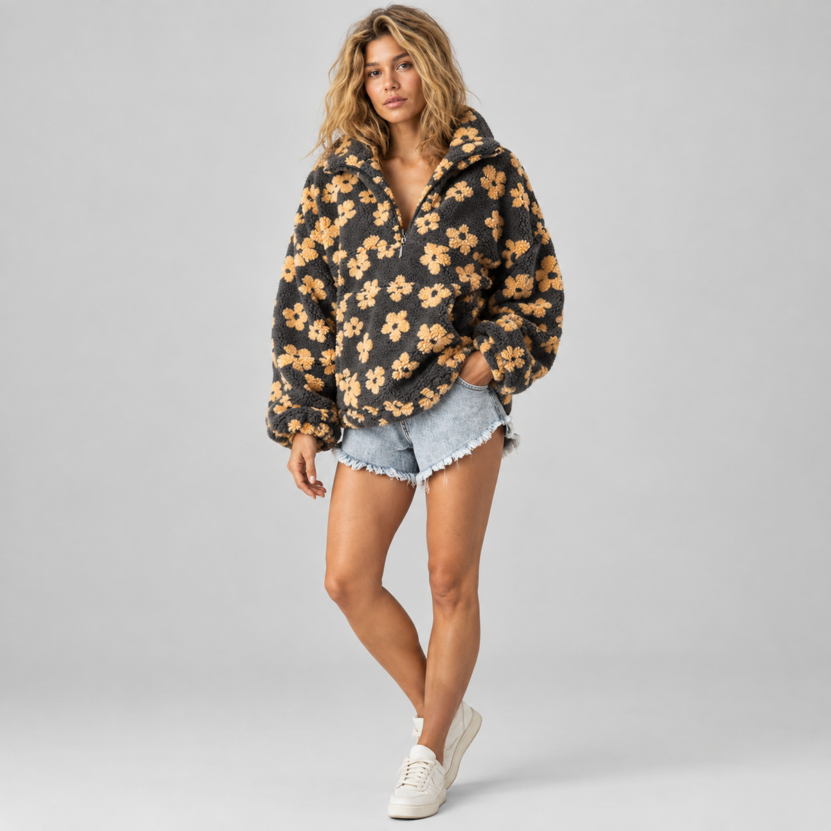 Women's Oversized Floral Sherpa Half-Zip Pullover on a model, front view