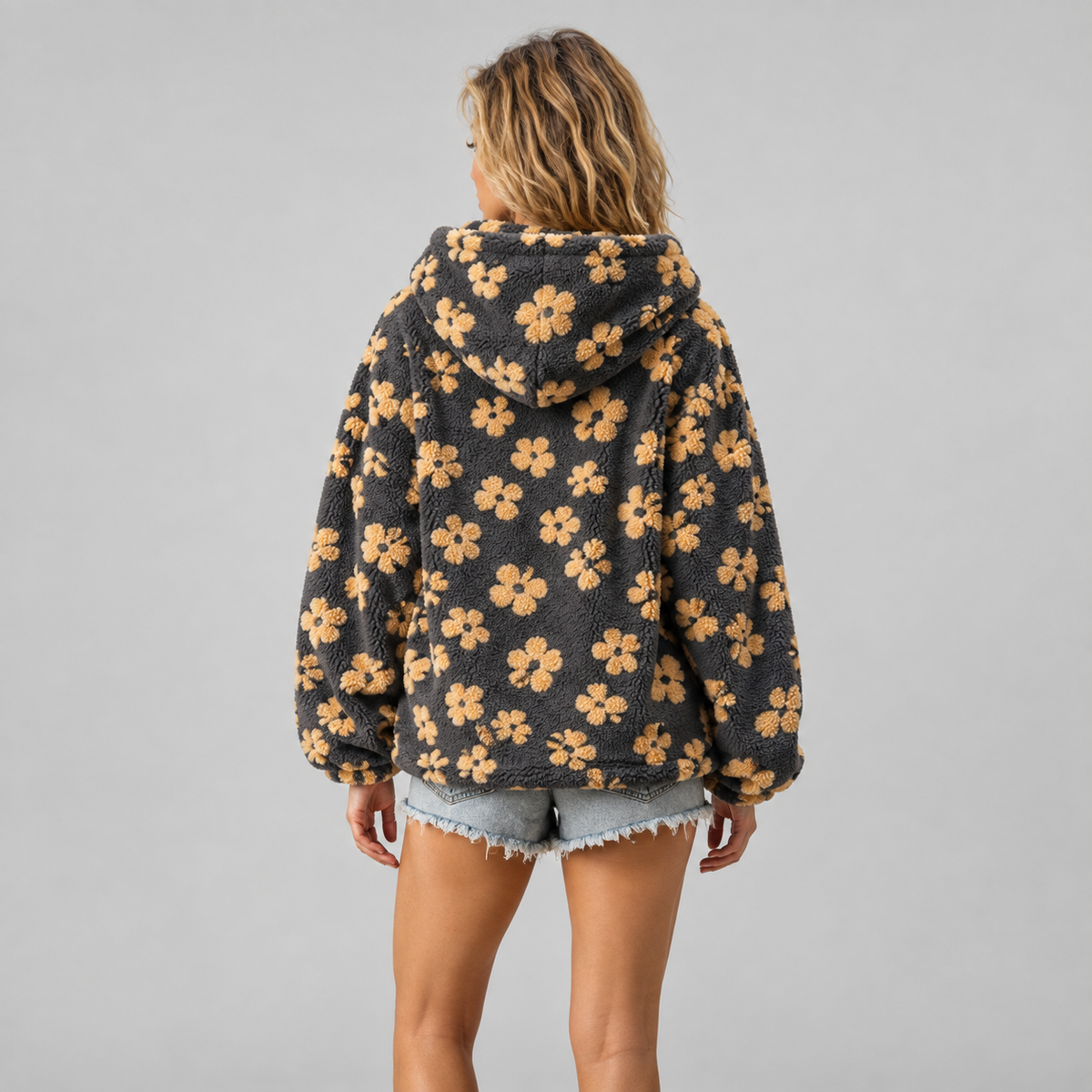 Women's Oversized Floral Sherpa Half-Zip Pullover on a model, back view