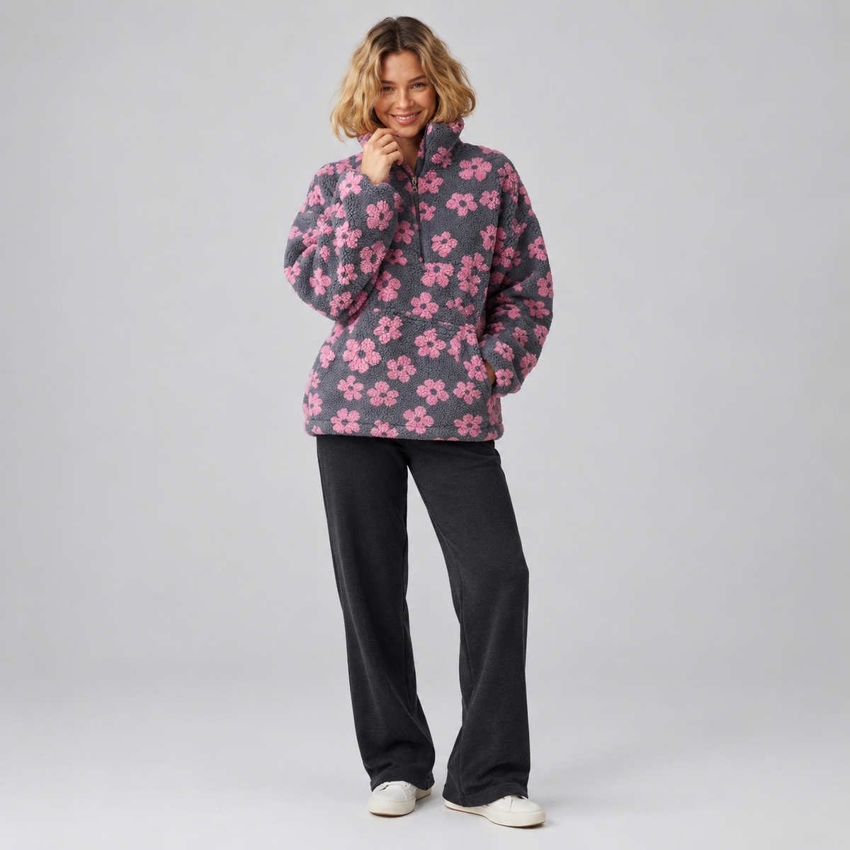 Women's Oversized Floral Sherpa Half-Zip Pullover on a model, colour option