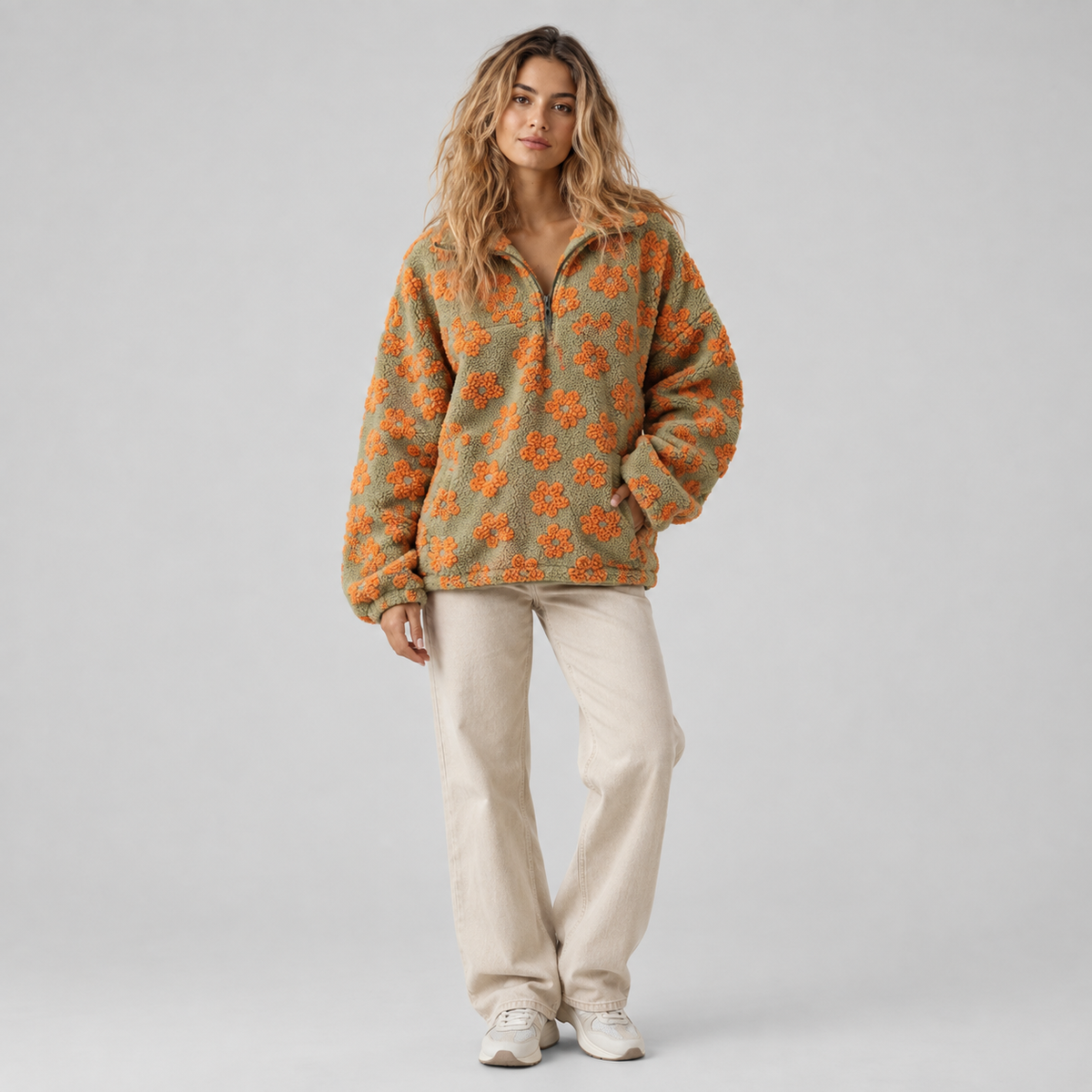Women's Oversized Floral Sherpa Half-Zip Pullover on a model, colour option