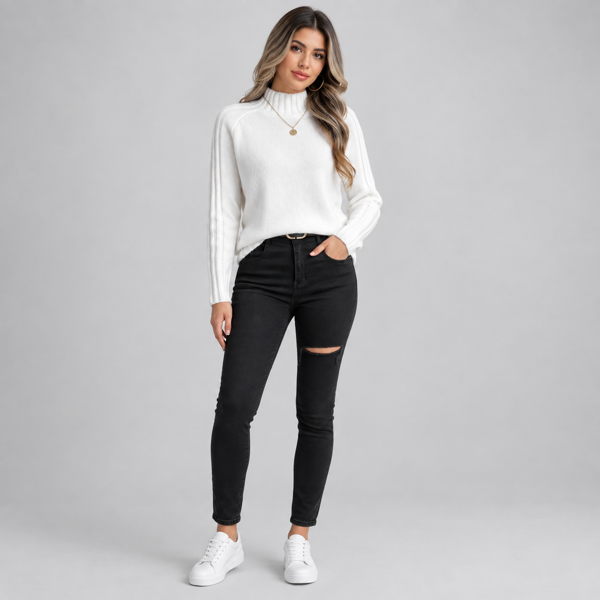 Women's Ribbed Turtleneck Sweater on a model, front view