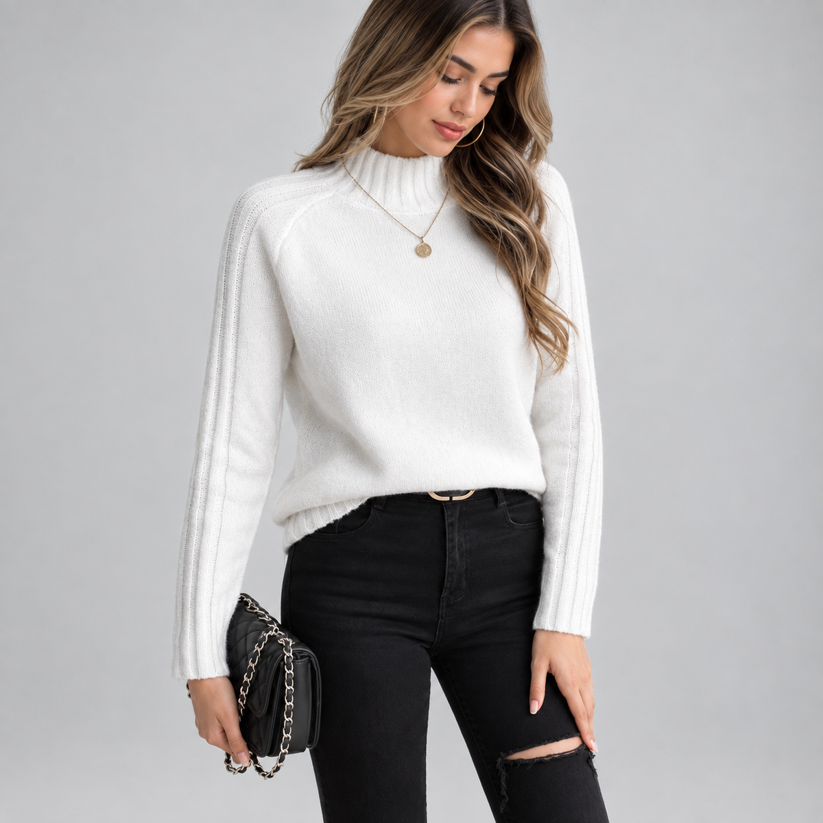 Women's Ribbed Turtleneck Sweater on a model, front detail