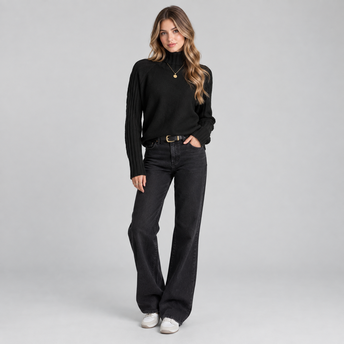 Women's Ribbed Turtleneck Sweater on a model, colour option