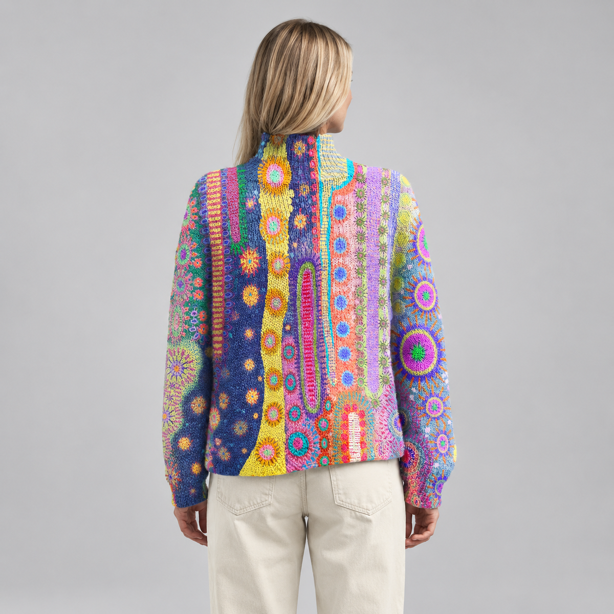 Women's Multicolour Abstract Knit Turtleneck Sweater on a model, back view