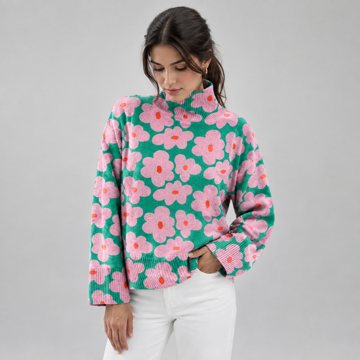 Women's Pink Floral High-Neck Knit Sweater on a model, front detail